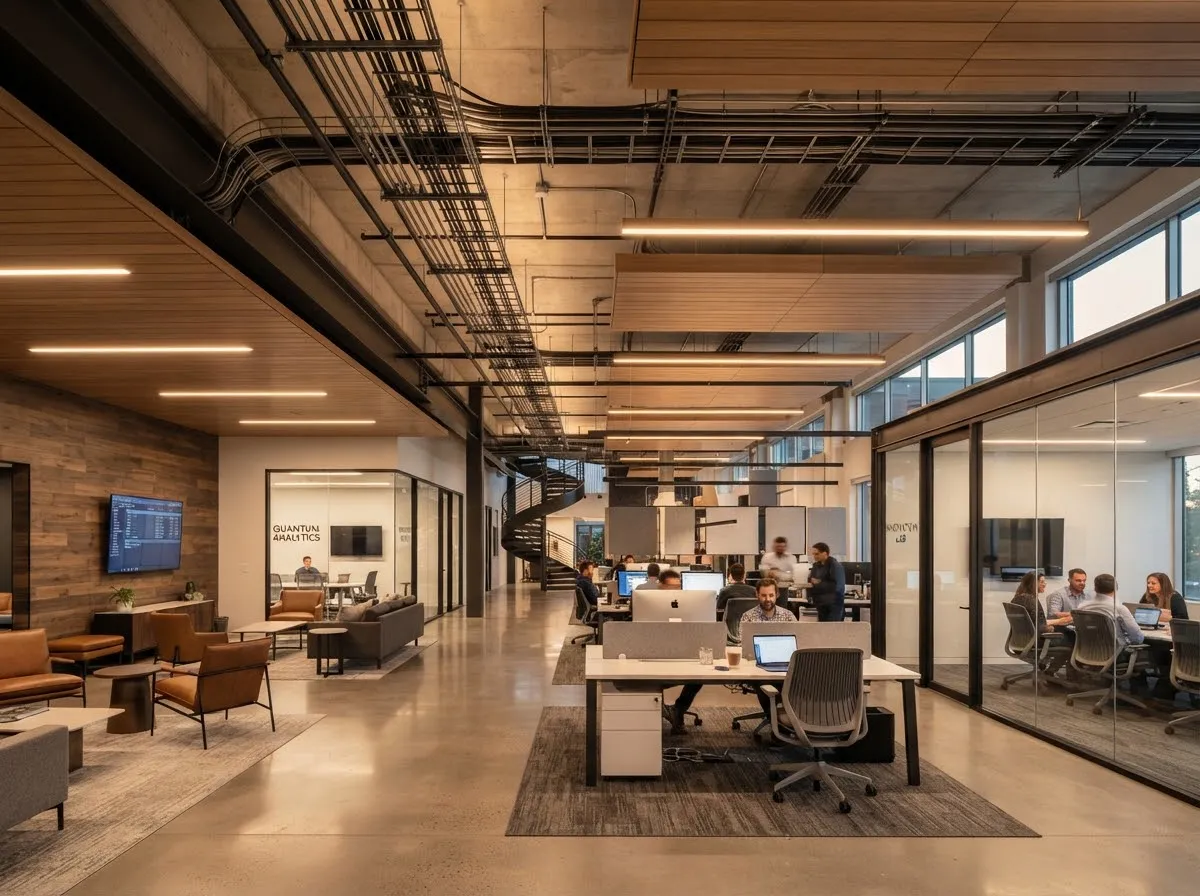 Office interior lit by LED fixtures