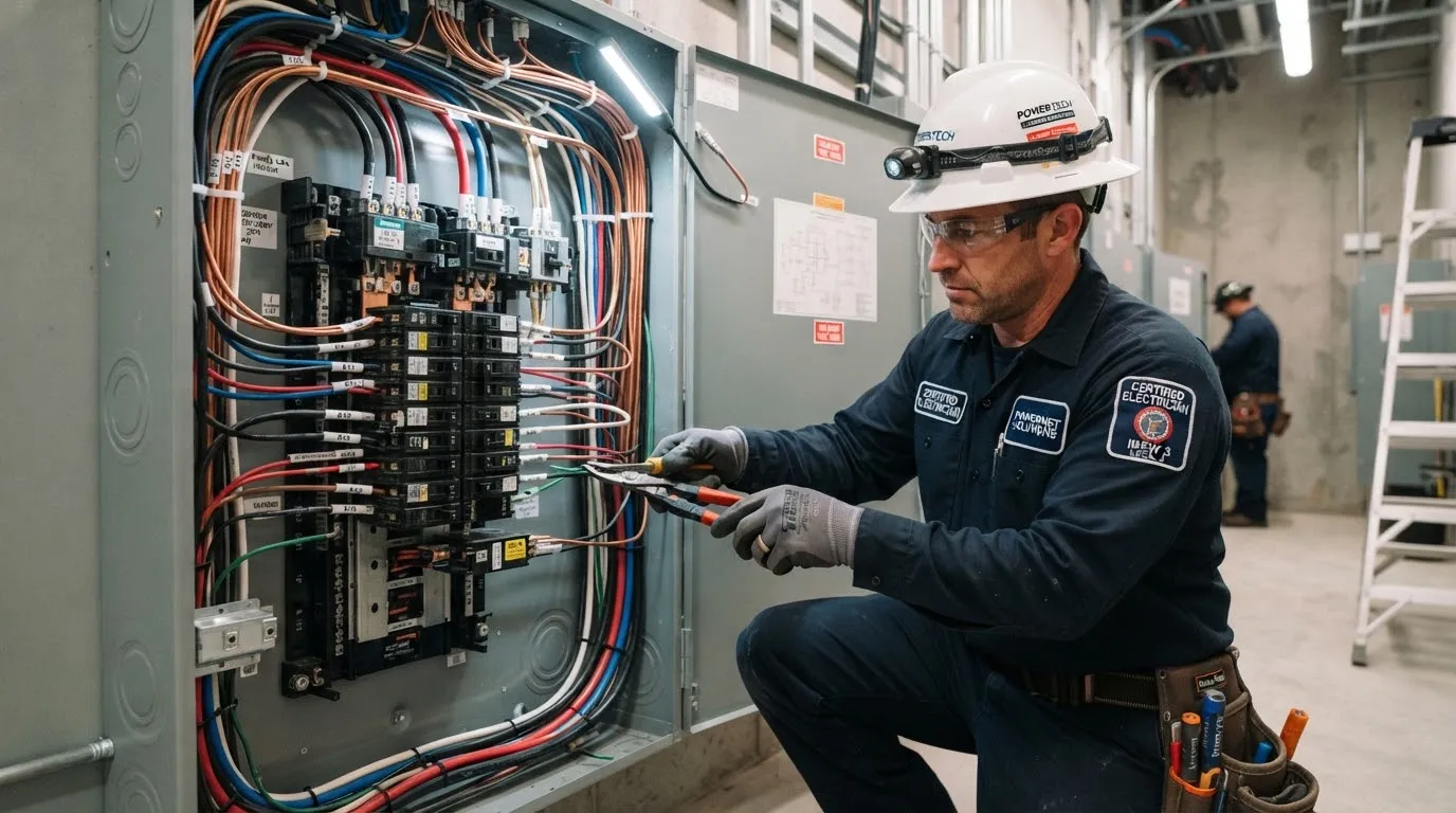 An electrician working on a breaker panel